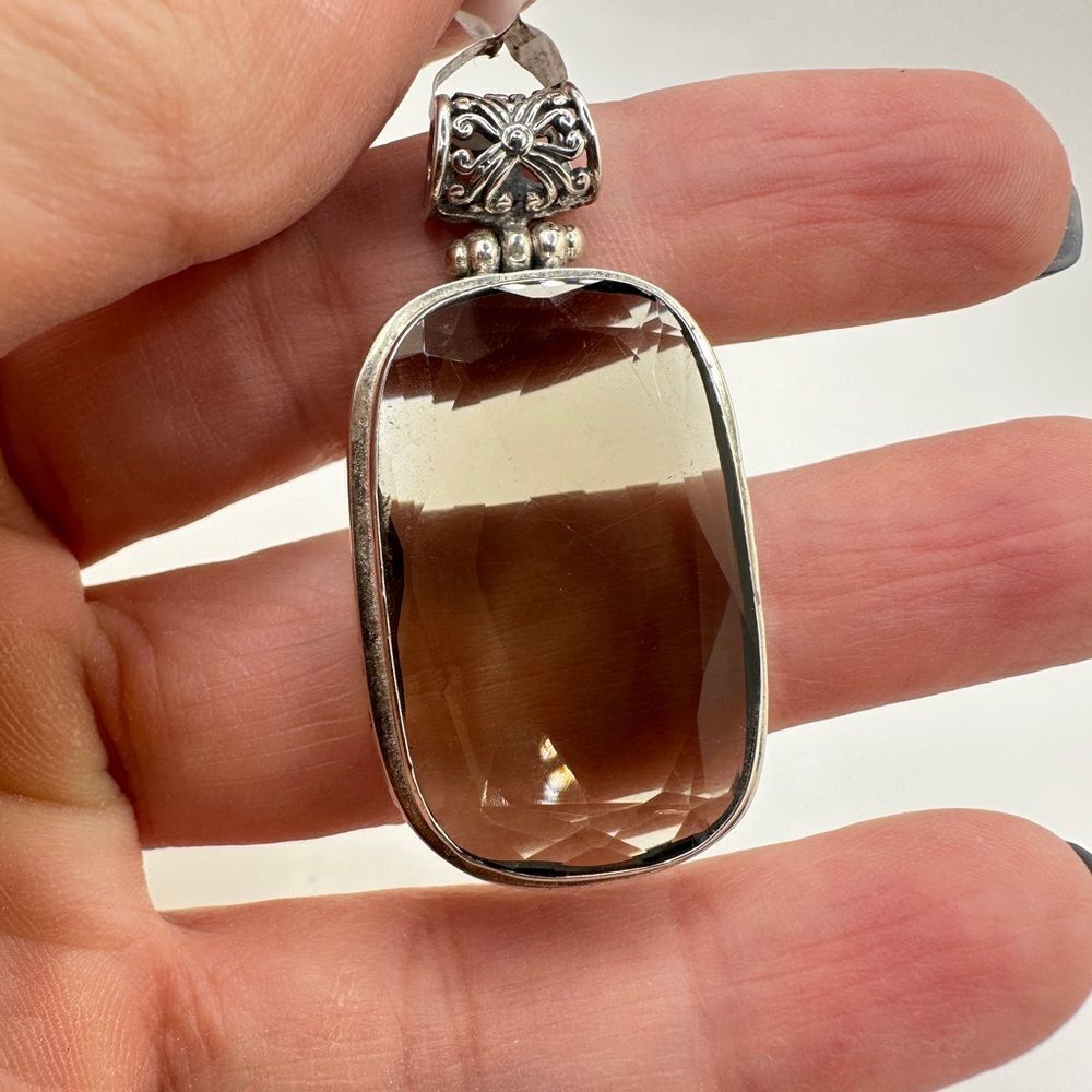 NWT faceted 29x18mm‎ Smoky Quartz pendant in solid Bali sterling silver! - Picture 3 of 14